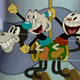 Cuphead and Mugman, two creatures with cups for heads, ride a merry-go-round in classic 1930s animation style.